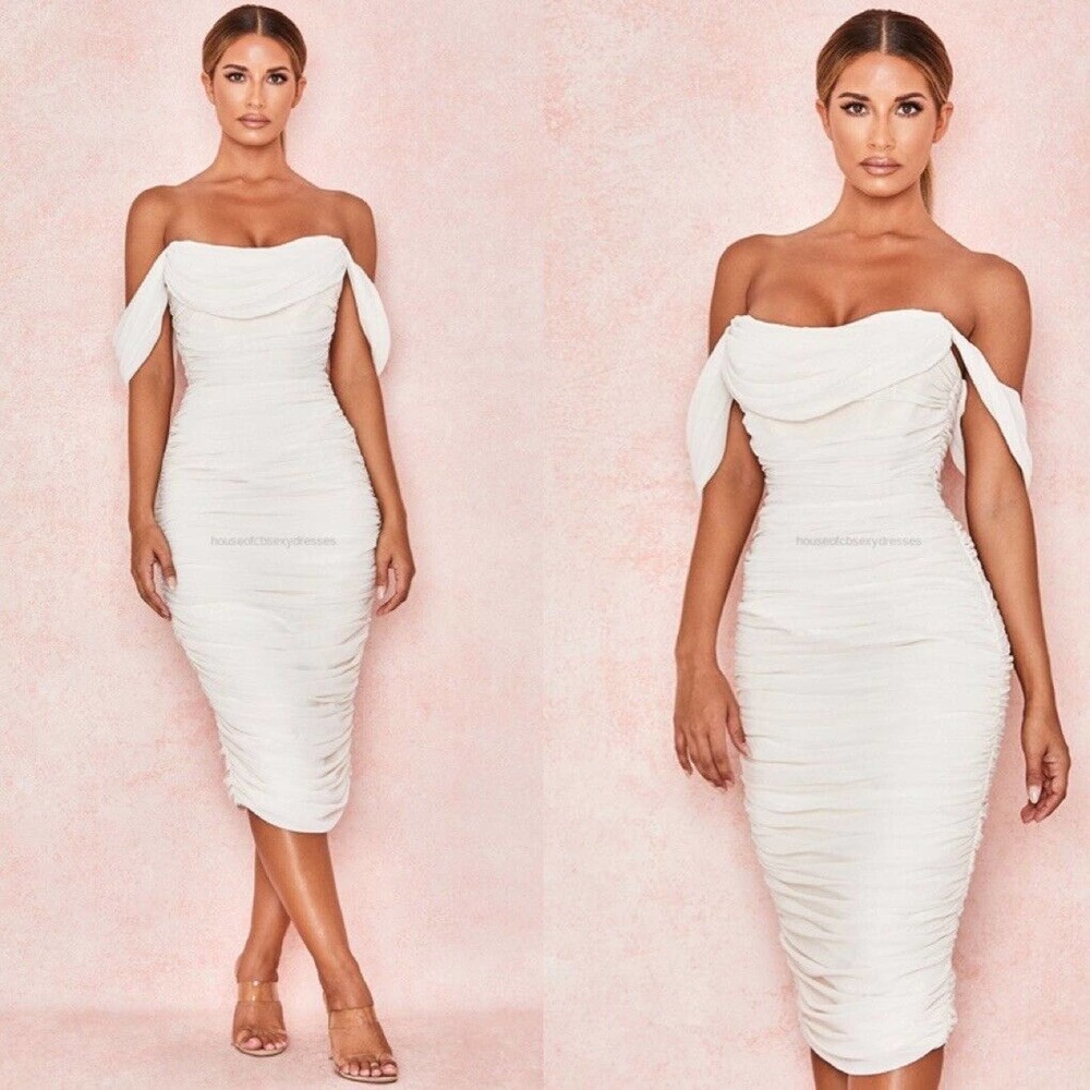 HOUSE OF CB Carlotta Ivory Ruched Draped Chiffon Dress